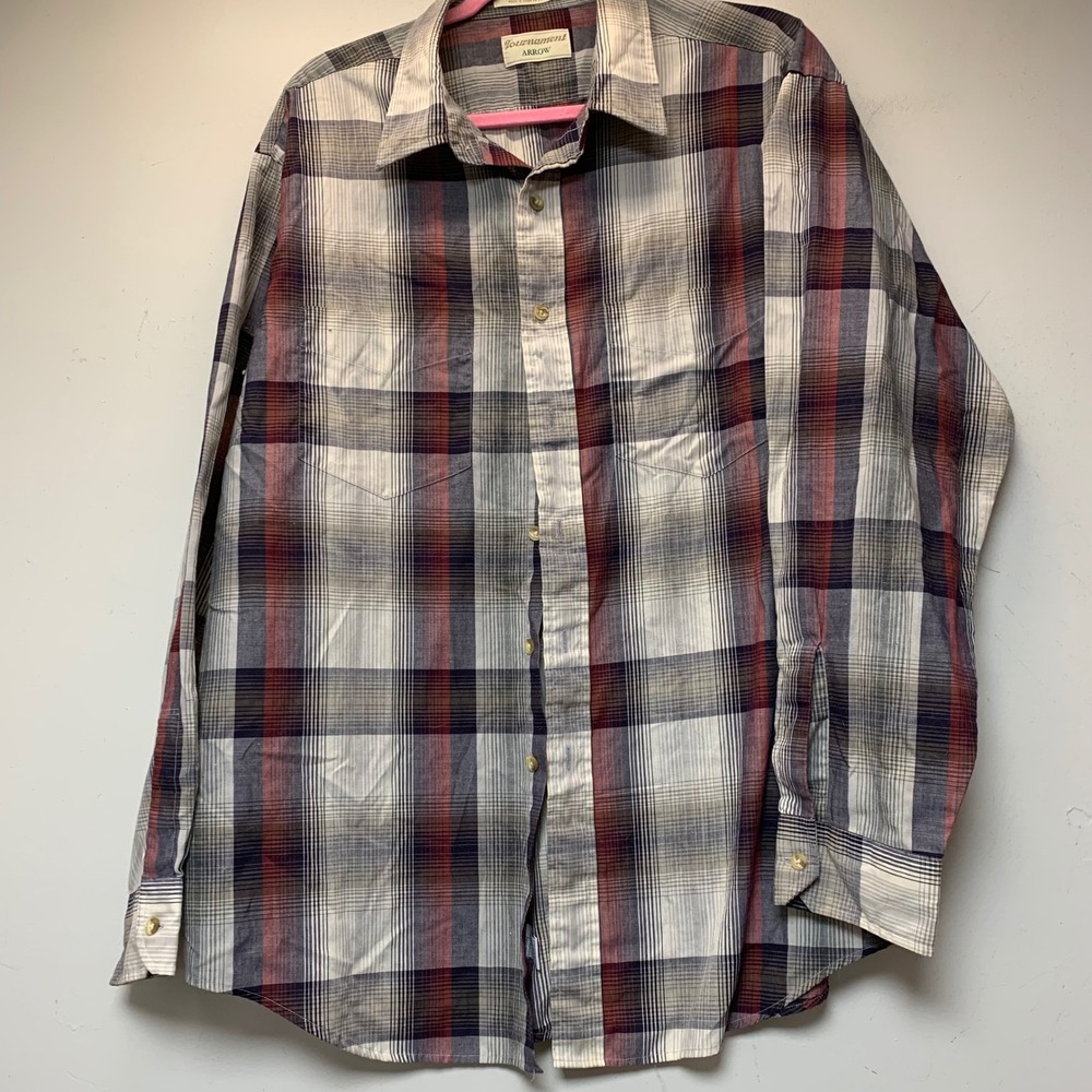 Tournament Arrow Shirt Mens XL Red White Navy Plaid Excellent Wrinkle Free L/S